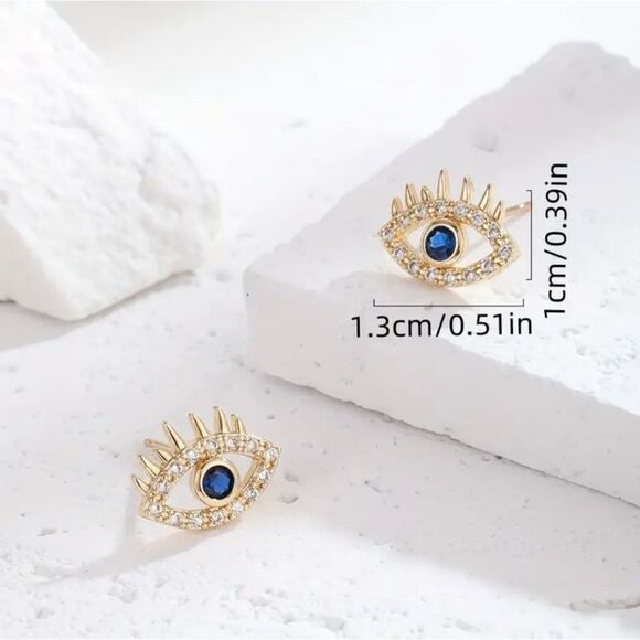 18K Gold Plated Diamond Evil Eye Earrings - Picture 3 of 9